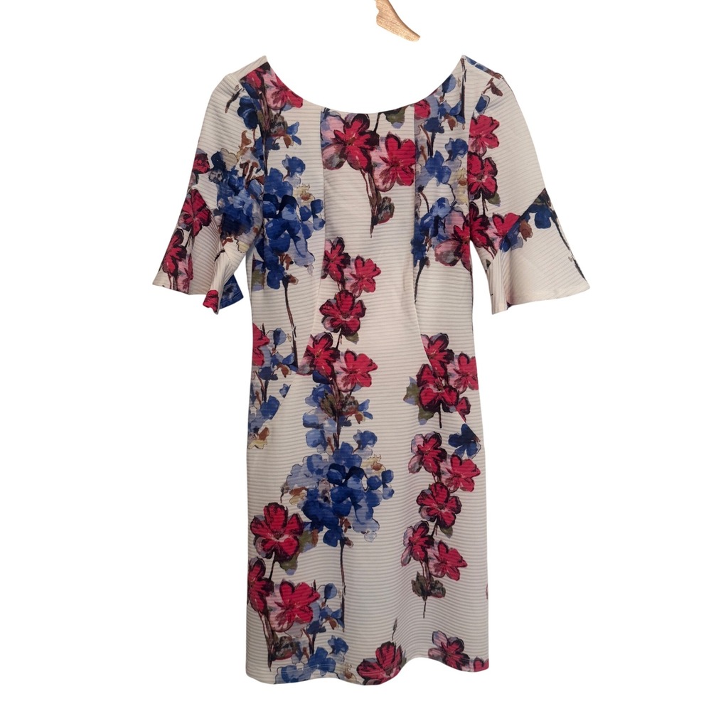 Julian Taylor Floral‎ Sheath Dress Womens 6 White Pink Blue Bell Sleeve Textured